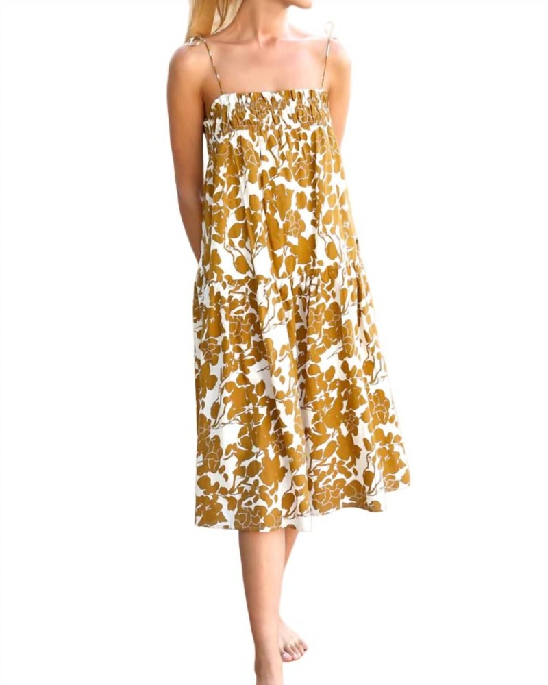 Front of a model wearing a size Large Serena Spaghetti Strap Floral Midi Dress In Sundial in Sundial by GREYLIN. | dia_product_style_image_id:342226